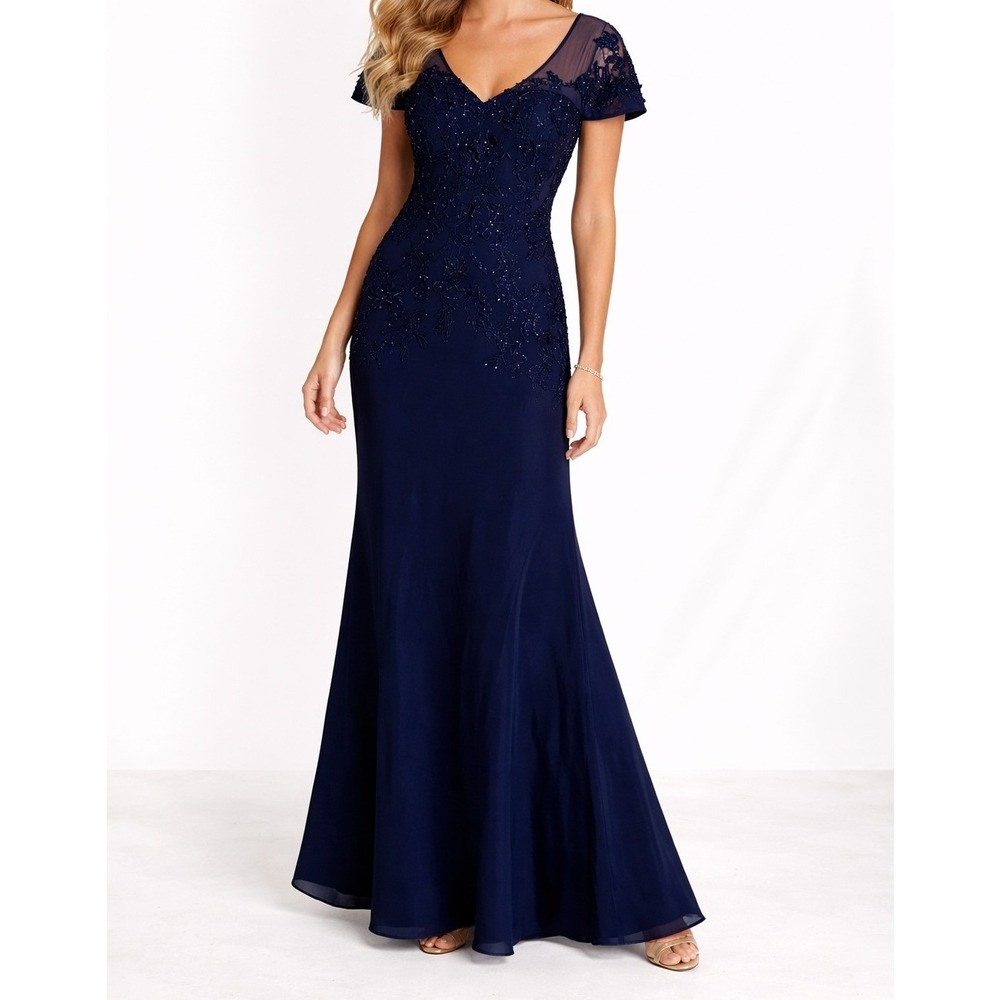 CARLA RUIZ Navy Formal Gown Lace Evening Dress Mother of Bride Size 14
